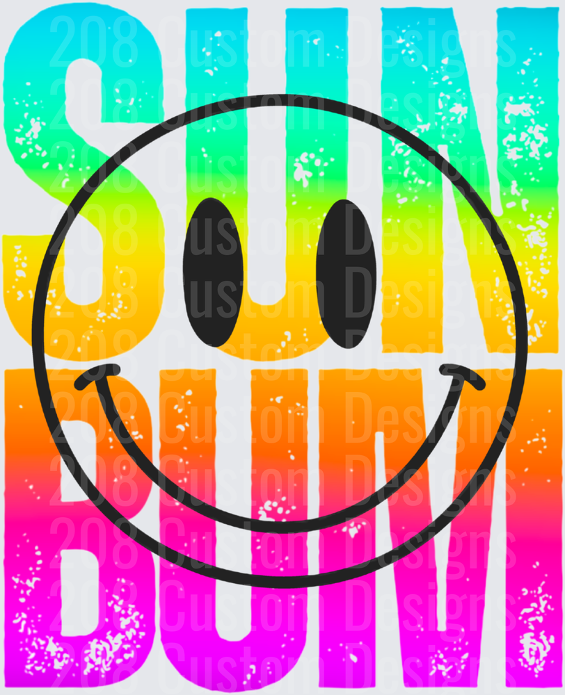 Rainbow Gradient Sun Bum Smiley Face Distressed Text