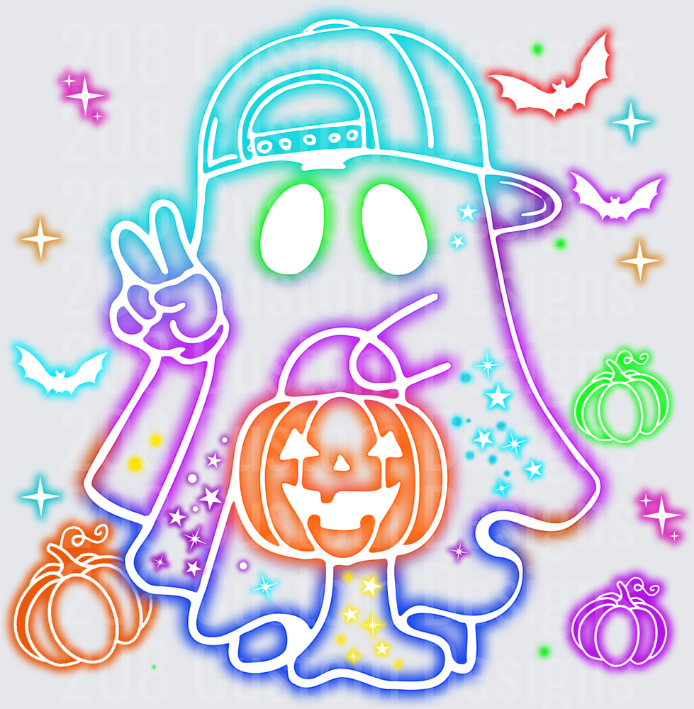 Neon Halloween Ghost Peace Sign Jack-O-Lantern Bats