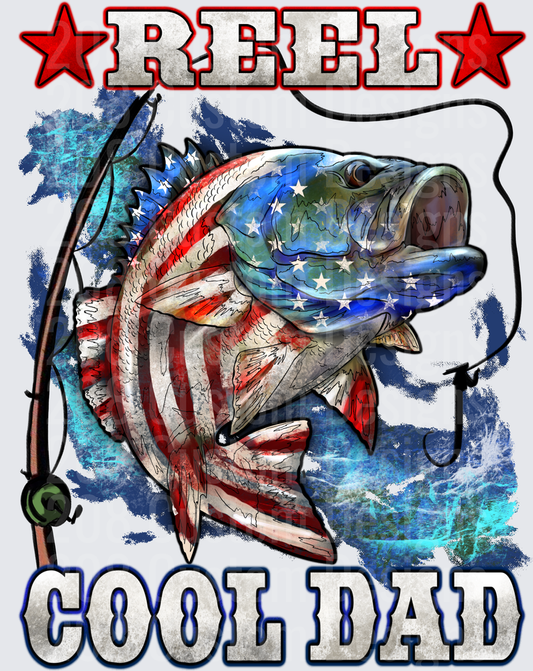 Reel Cool Dad American Flag Bass Fish with Fishing Rod
