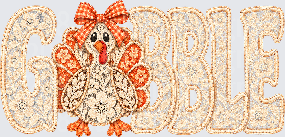 Gobble Lace Embroidery Turkey with Red Gingham Bow