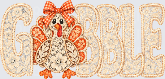 Gobble Lace Embroidery Turkey with Red Gingham Bow