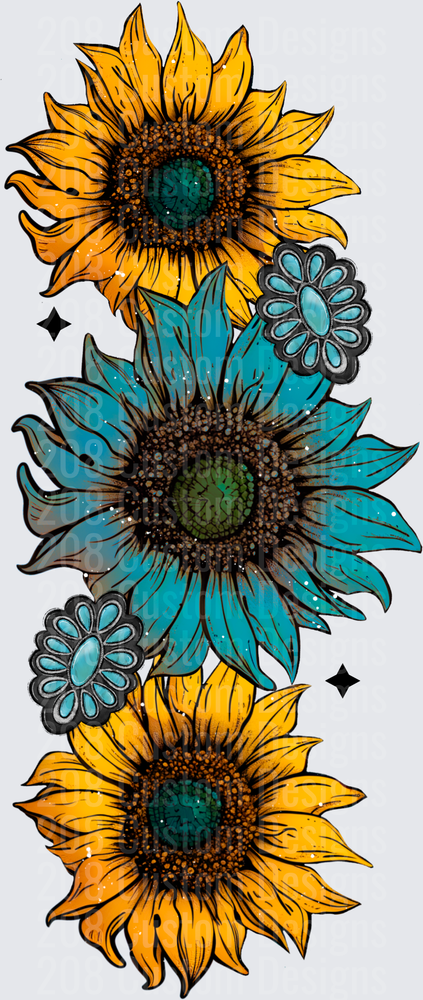Triple Sunflower Stack with Blue Teal Center Bloom and Stars