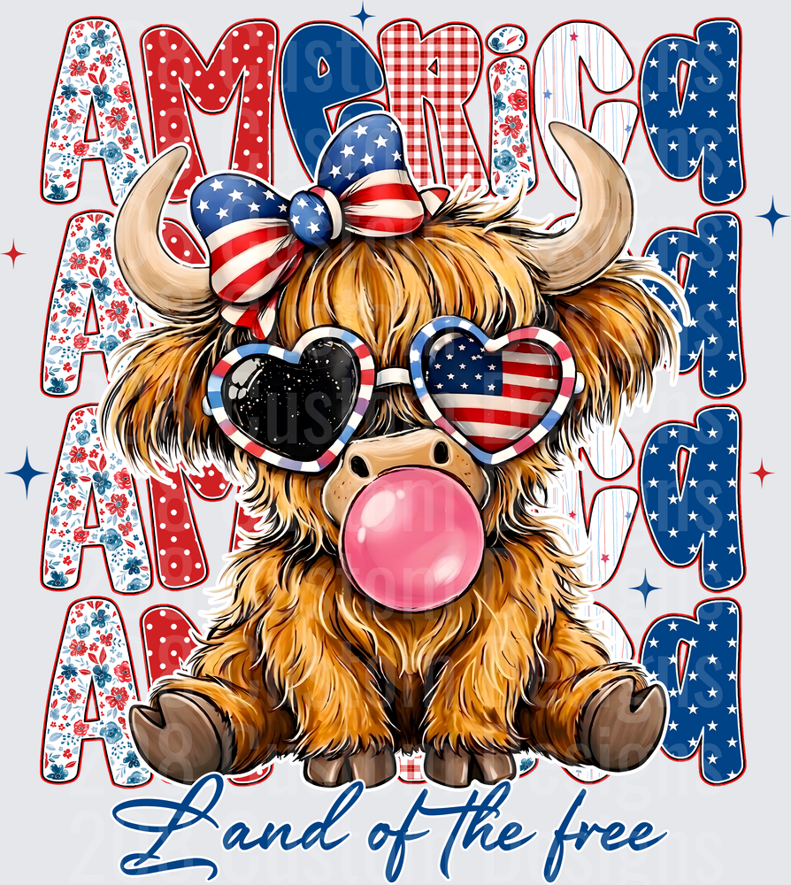 Patriotic Highland Cow with American Flag Sunglasses Blowing Bubble Gum Land of the Free