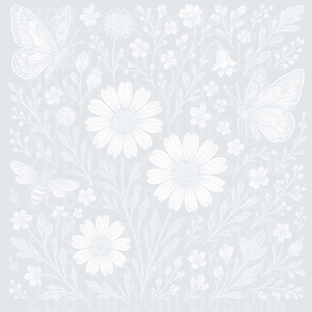 White Hand-Drawn Botanical Garden with Daisies Butterflies and Bee