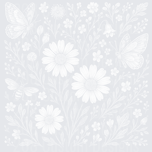 White Hand-Drawn Botanical Garden with Daisies Butterflies and Bee