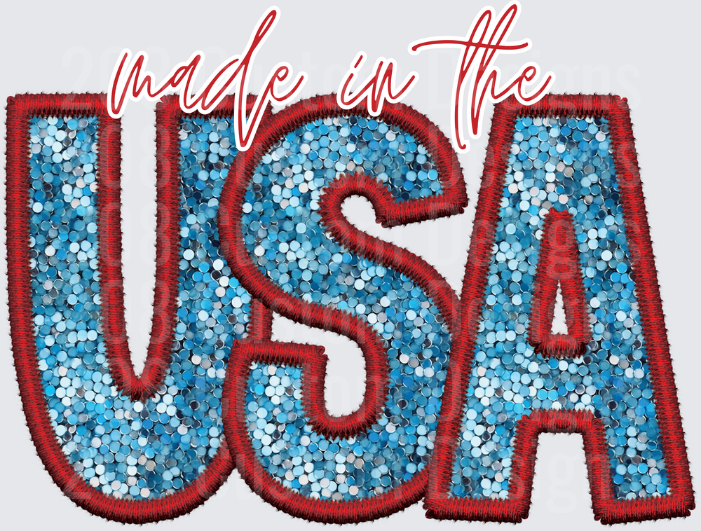 Made in the USA Patriotic Sequin Style Embroidered Text