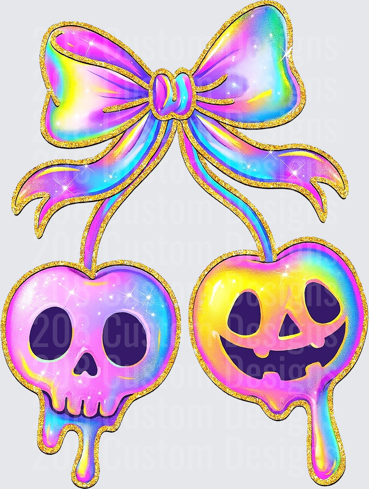Holographic Halloween Cherry Skull Jack-o-Lantern Bow