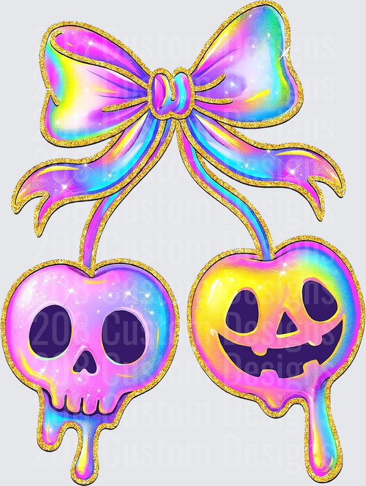 Holographic Halloween Cherry Skull Jack-o-Lantern Bow