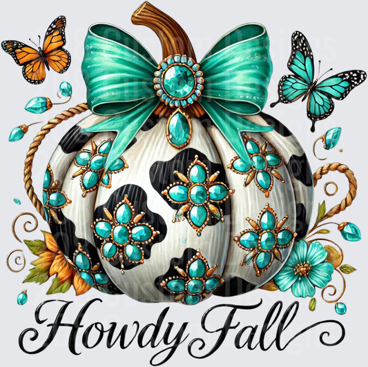 Howdy Fall Turquoise Jeweled Pumpkin with Bow and Butterflies