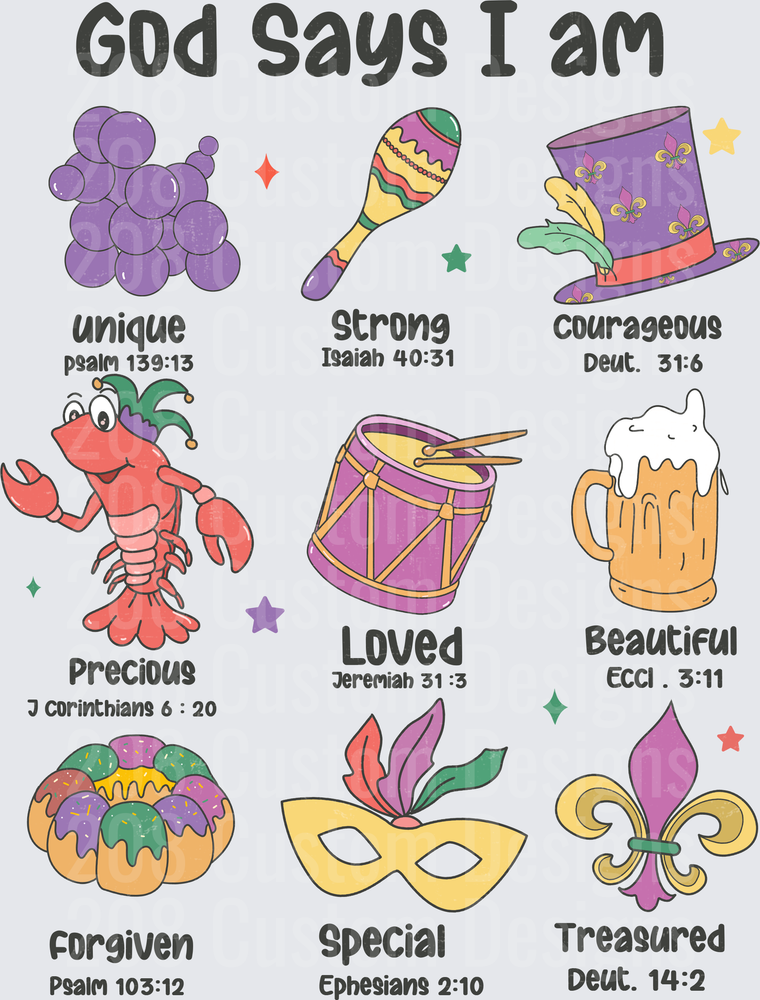 God Says I Am Christian Affirmations with Mardi Gras Icons