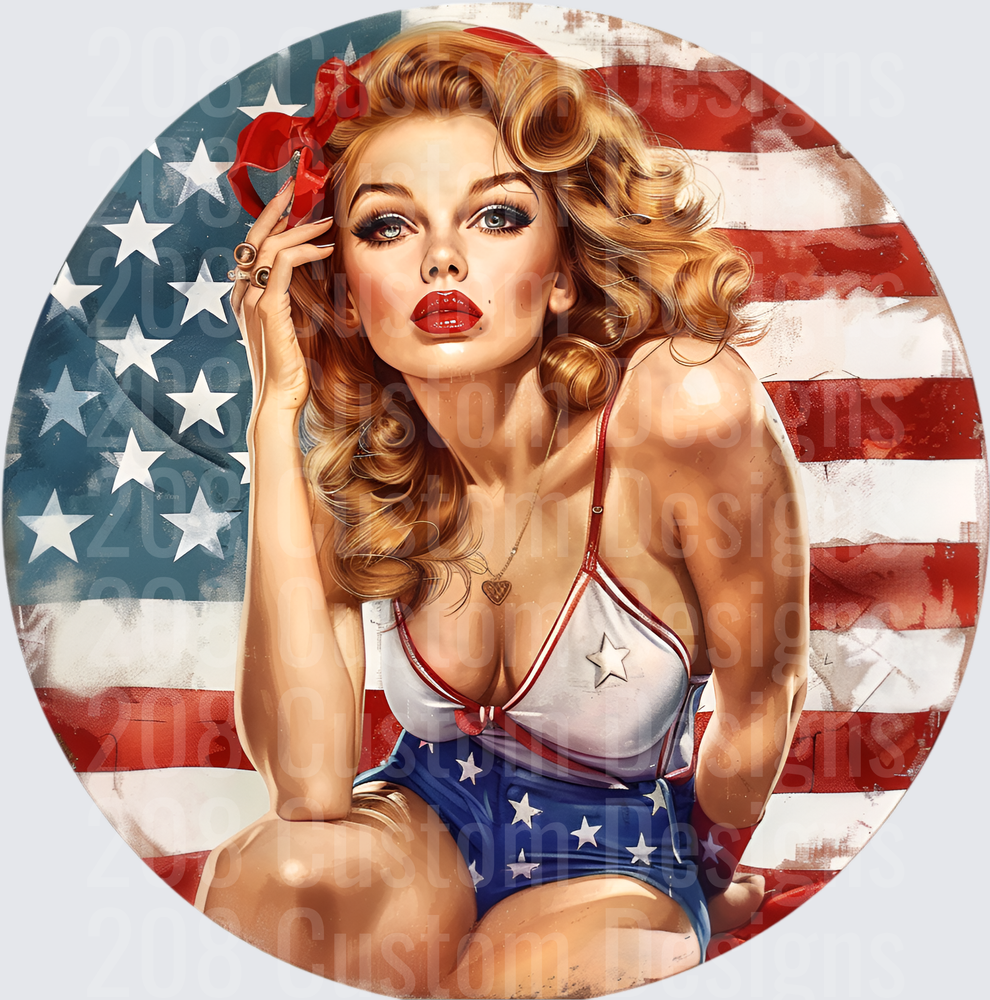 Vintage Pin-Up Girl Patriotic American Flag Portrait