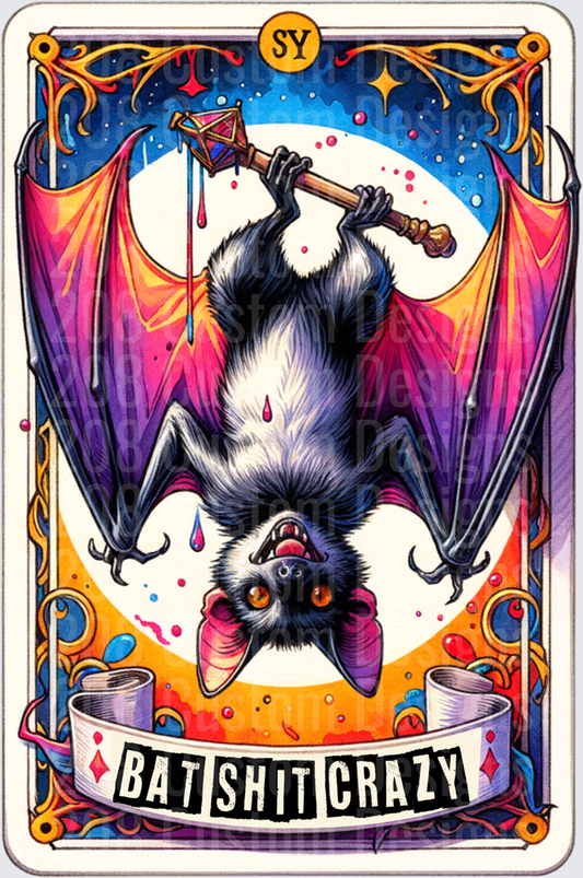 Bat Shit Crazy Tarot Card with Upside Down Bat and Full Moon