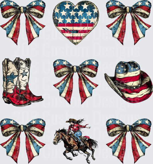 Vintage Americana Cowboy Elements with Distressed Flag Bows Heart Boots Hat and Horse Rider
