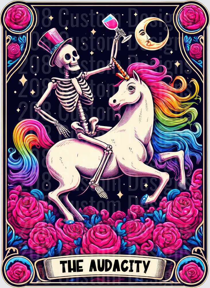 Skeleton Riding Rainbow Unicorn The Audacity Tarot Card