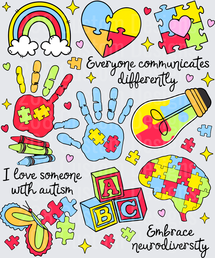 Autism Awareness Puzzle Pieces Rainbow Hearts Neurodiversity