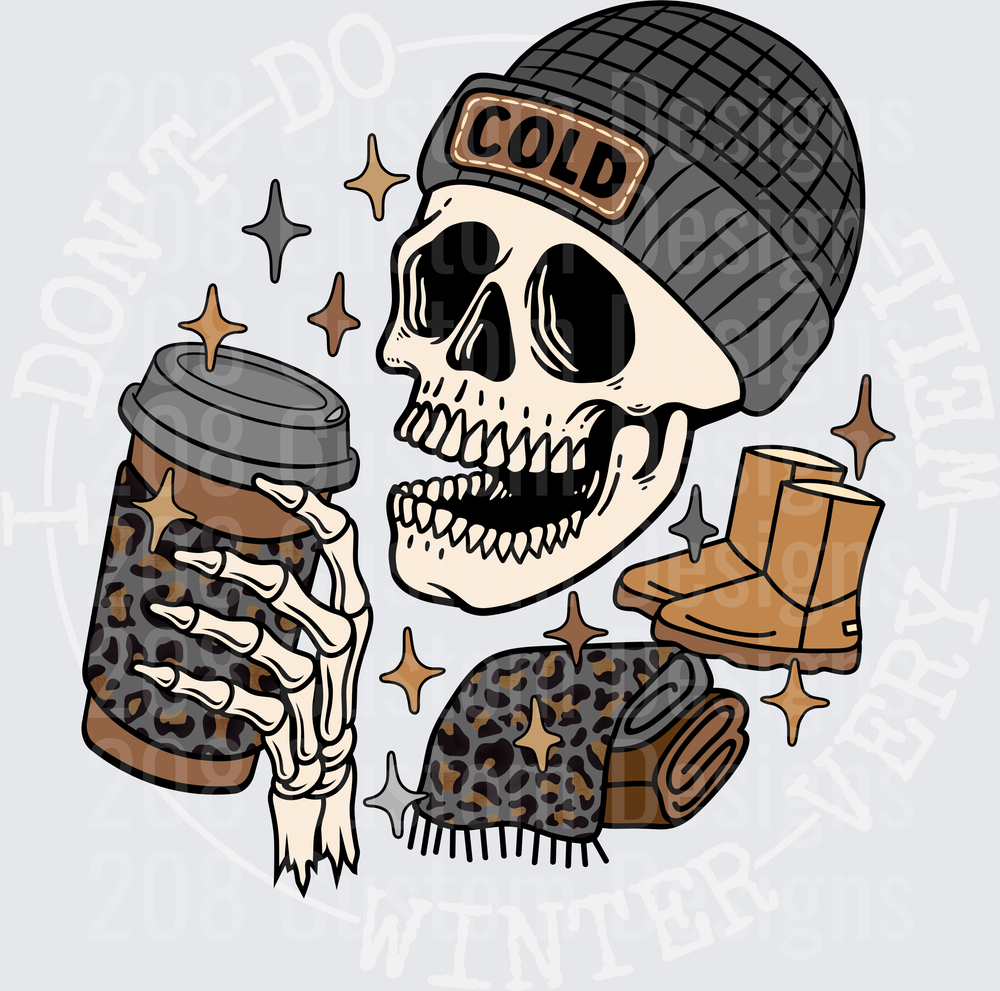 Skeleton Wearing Cold Beanie Holding Hot Coffee Cup