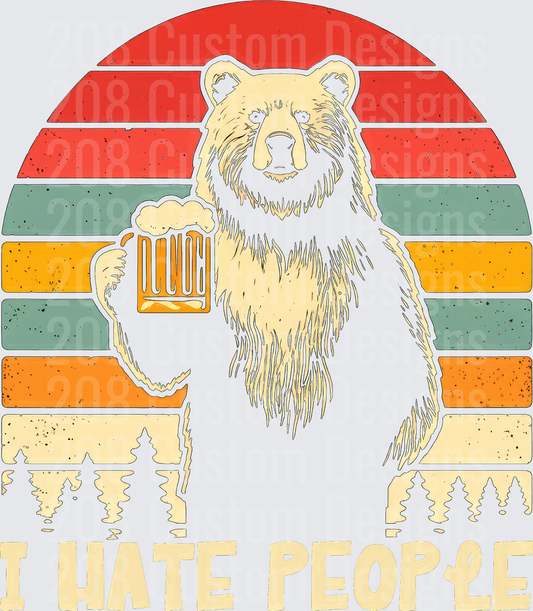 Retro Bear Holding Beer Mug I Hate People Pine Trees Sunset