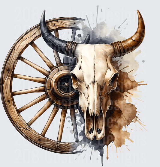 Vintage Western Bull Skull and Wagon Wheel with Watercolor Splash