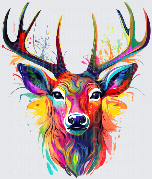 Vibrant Rainbow Watercolor Deer Head with Colorful Antlers