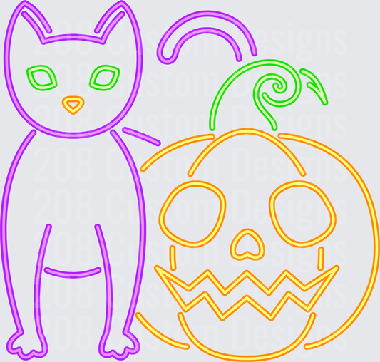 Neon Halloween Black Cat and Jack-O-Lantern