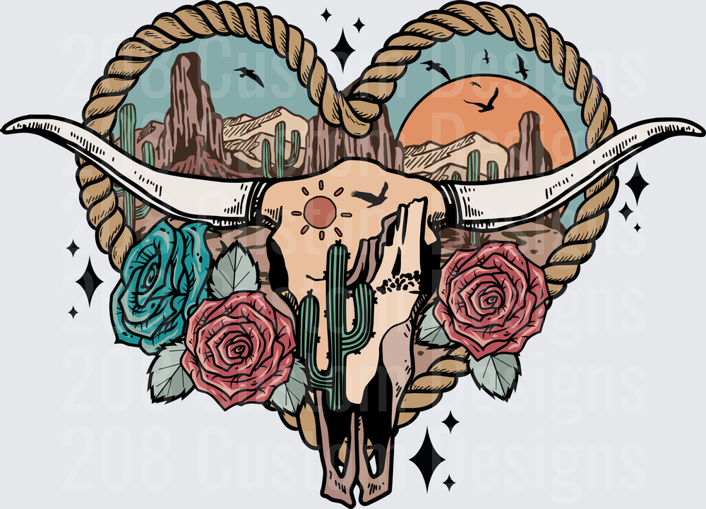 Desert Bull Skull with Rope Frame Cactus Sunset and Roses