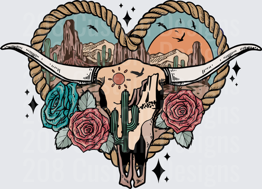 Desert Bull Skull with Rope Frame Cactus Sunset and Roses