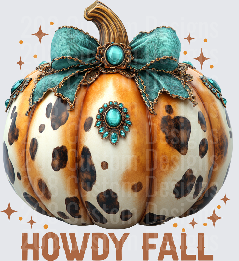 Howdy Fall Leopard Print Pumpkin with Turquoise Bow