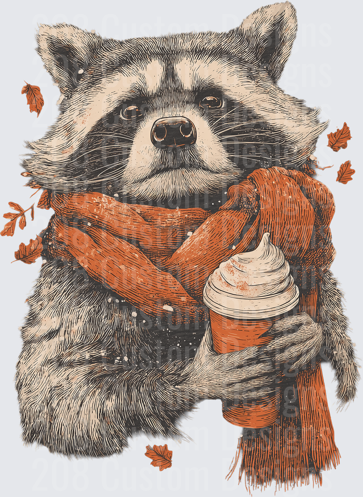 Cozy Raccoon Wearing Autumn Scarf Holding Pumpkin Spice Latte with Falling Leaves