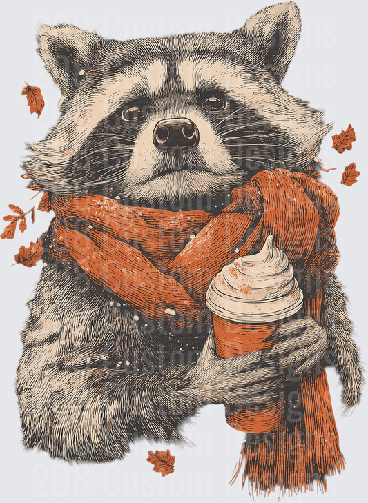 Cozy Raccoon Wearing Autumn Scarf Holding Pumpkin Spice Latte with Falling Leaves
