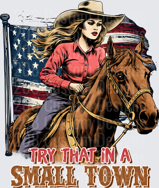 Cowgirl on Horse with American Flag Try That in a Small Town