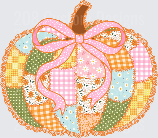 Patchwork Pumpkin with Pink Polka Dot Bow and Lace Border