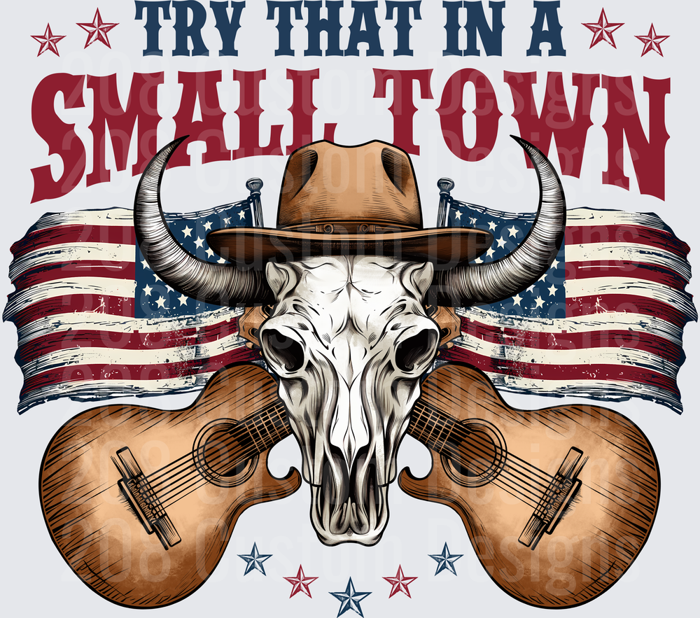 Try That In A Small Town Bull Skull Cowboy Hat Guitars American Flag