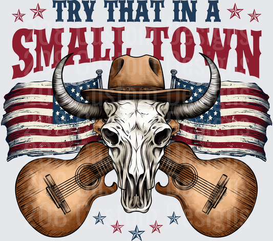 Try That In A Small Town Bull Skull Cowboy Hat Guitars American Flag