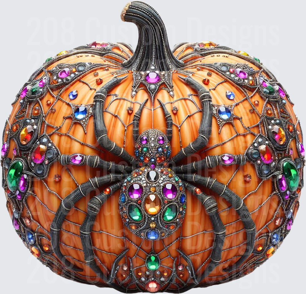 Jeweled Spider Web Halloween Pumpkin with Colorful Gems