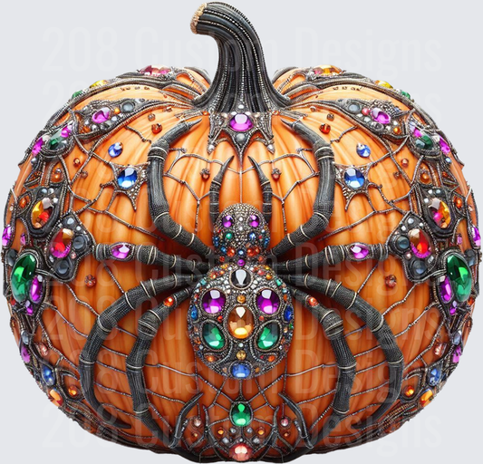 Jeweled Spider Web Halloween Pumpkin with Colorful Gems