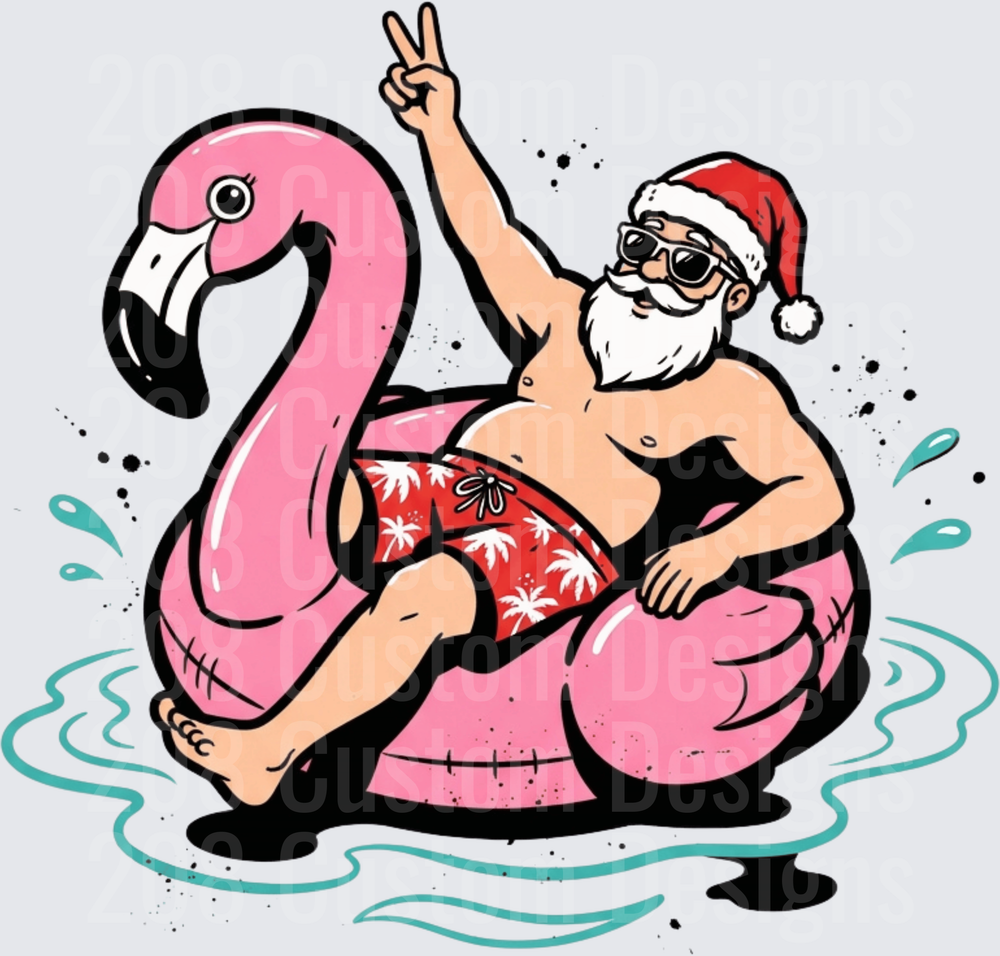 Santa Riding Pink Flamingo Pool Float Peace Sign Summer