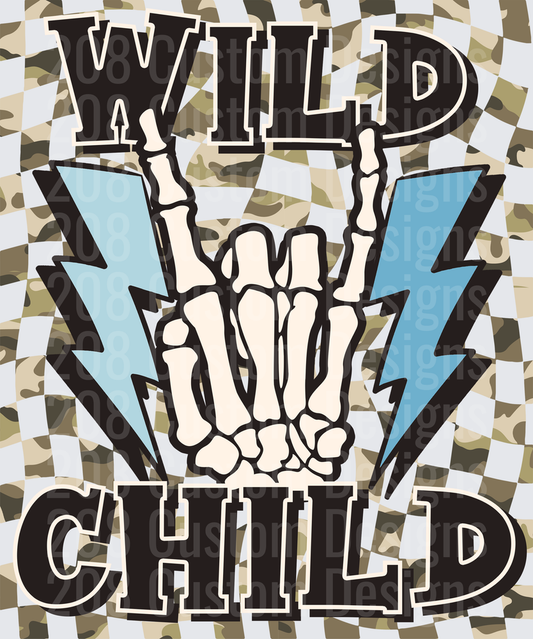 Wild Child Skeleton Hand Rock Sign Lightning Bolts Camo