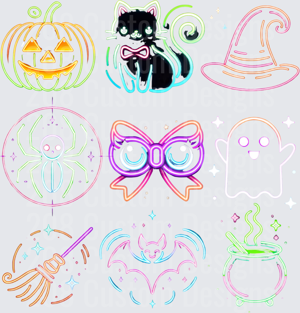 Neon Halloween Icons Bundle Jack-o-Lantern Bat Ghost Cat