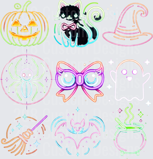 Neon Halloween Icons Bundle Jack-o-Lantern Bat Ghost Cat