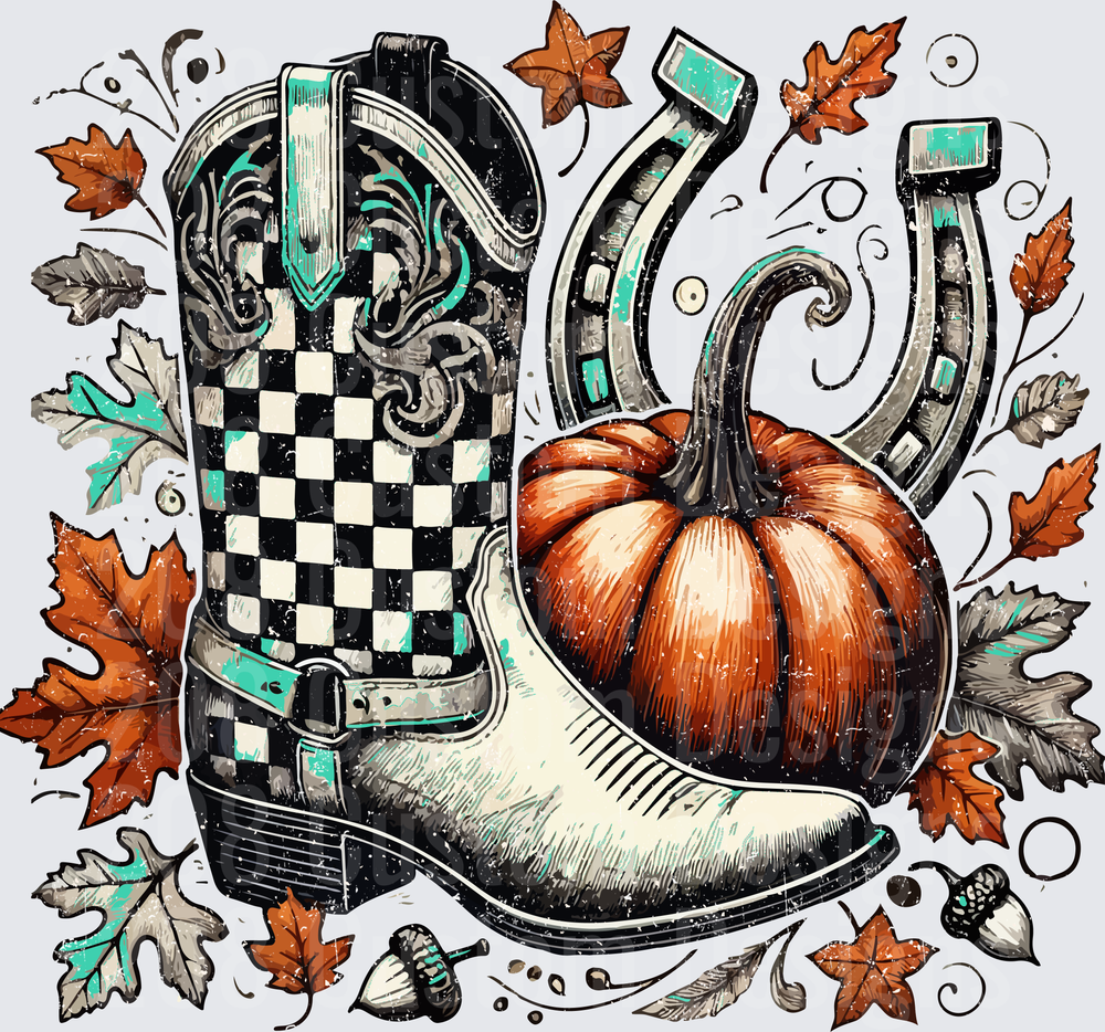 Checkered Cowboy Boots with Orange Pumpkin and Fall Leaves