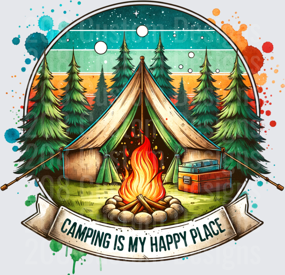 Camping Is My Happy Place Forest Scene with Tent and Campfire