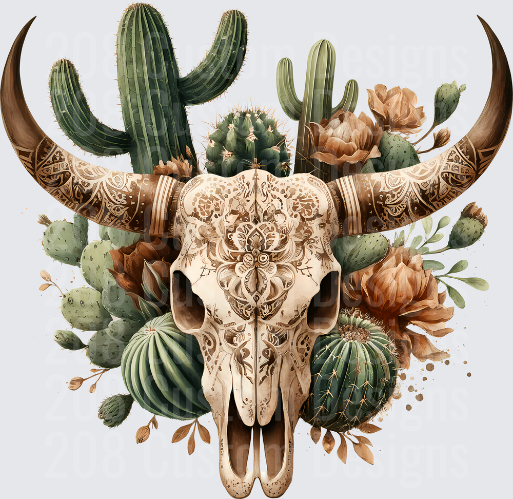 Ornate Bull Skull with Desert Cacti and Autumn Flowers
