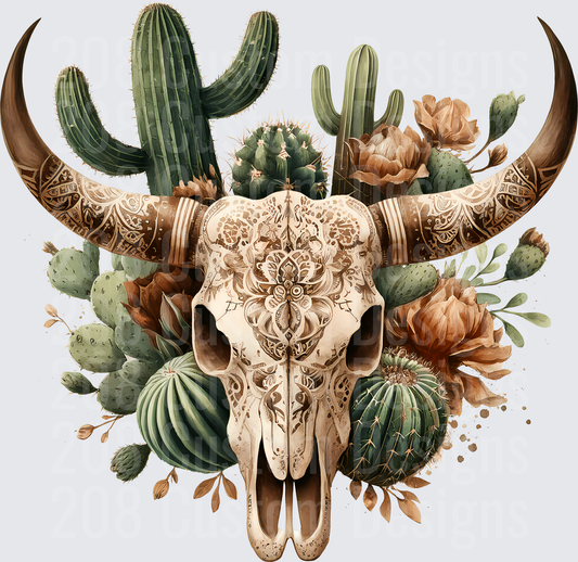 Ornate Bull Skull with Desert Cacti and Autumn Flowers