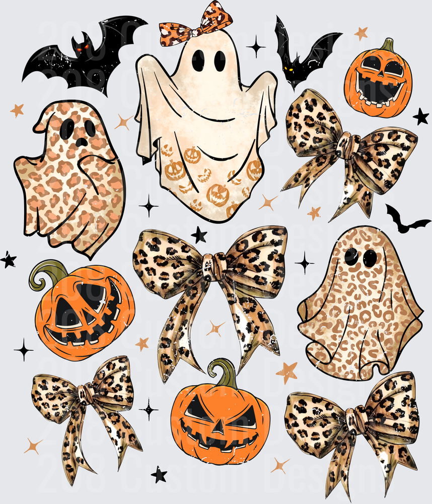 Leopard Print Halloween Ghosts Pumpkins Bats Bows