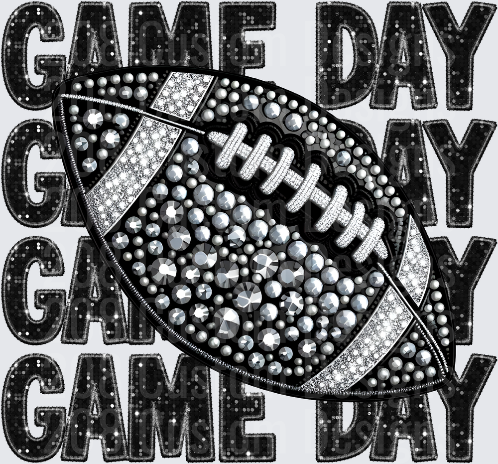 Black Rhinestone Football Game Day Stacked Repeat Faux Chenille Patch
