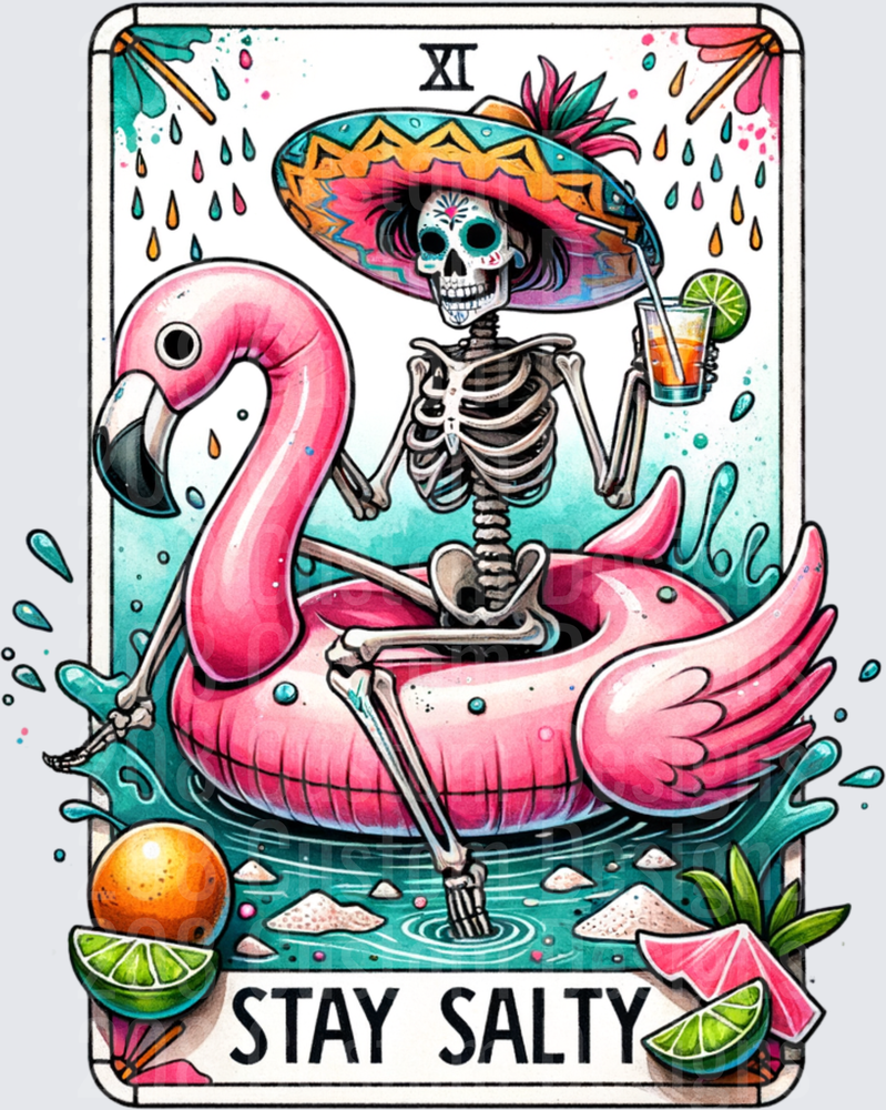Day of the Dead Skeleton on Pink Flamingo Pool Float Stay Salty