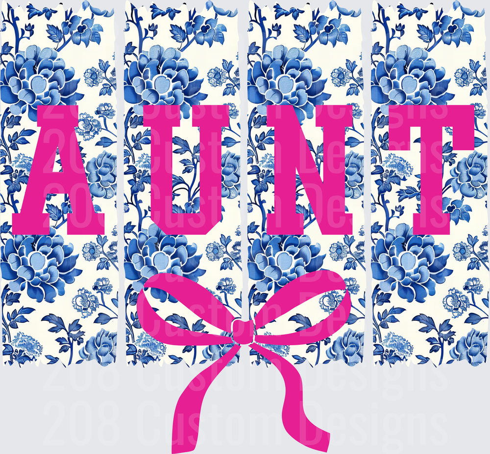 AUNT with Pink Bow on Blue Floral Chinoiserie Pattern