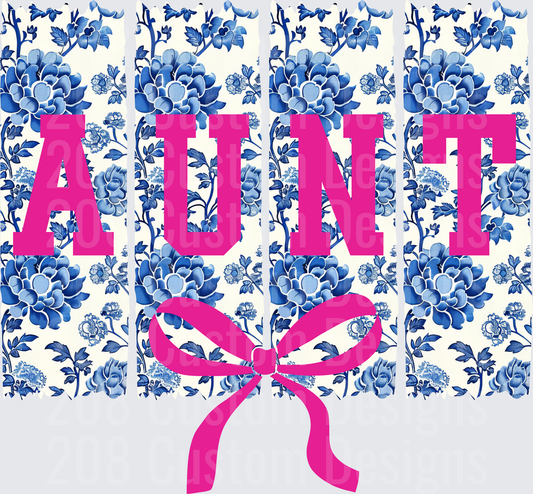 AUNT with Pink Bow on Blue Floral Chinoiserie Pattern