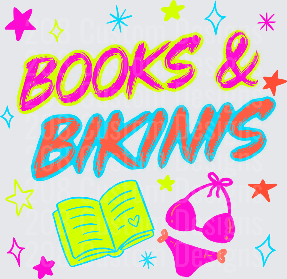 Books and Bikinis Neon Text with Open Book and Stars