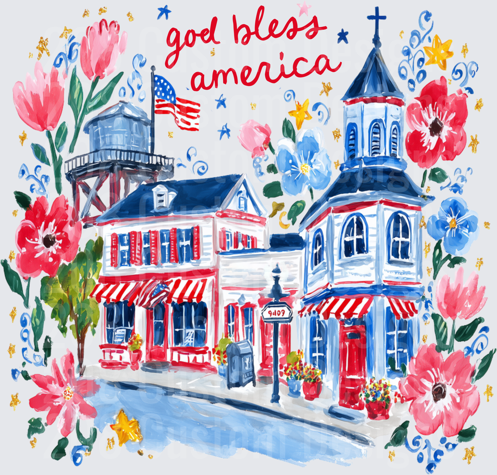 God Bless America Patriotic Small Town Main Street with Church and Flowers